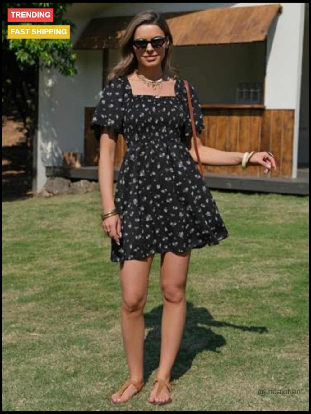 Swiss Dot Square Neck Mini Dress with Ruffle Sleeves and Flowy Swing Skirt - Picture 6 of 7